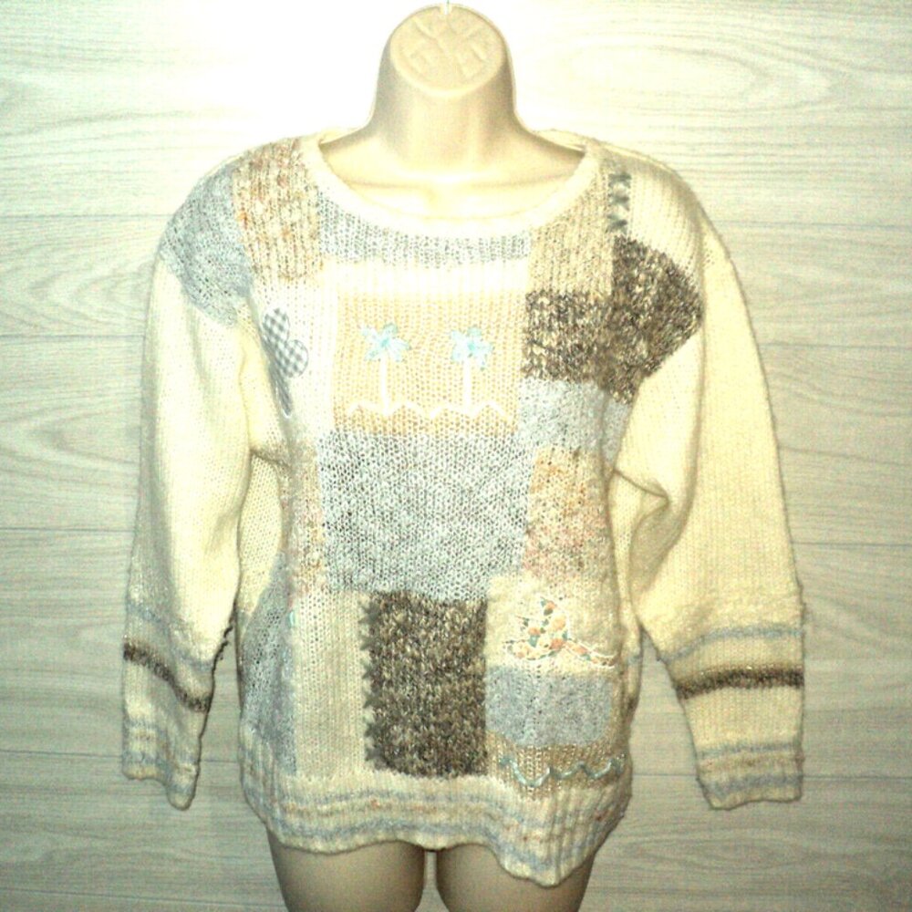 Beldoch Popper Vintage Pullover Sweater Women's Size M Knit Cream, Blue, Tan